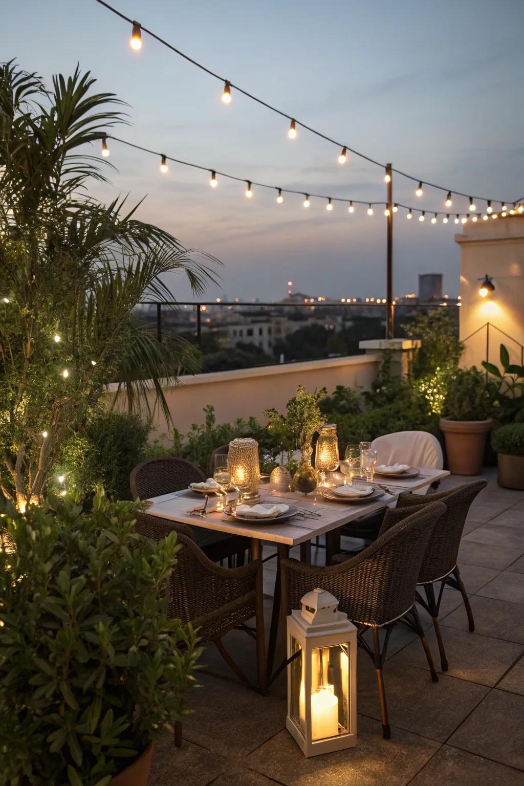 Dine beneath the stars using a rooftop dining setting.