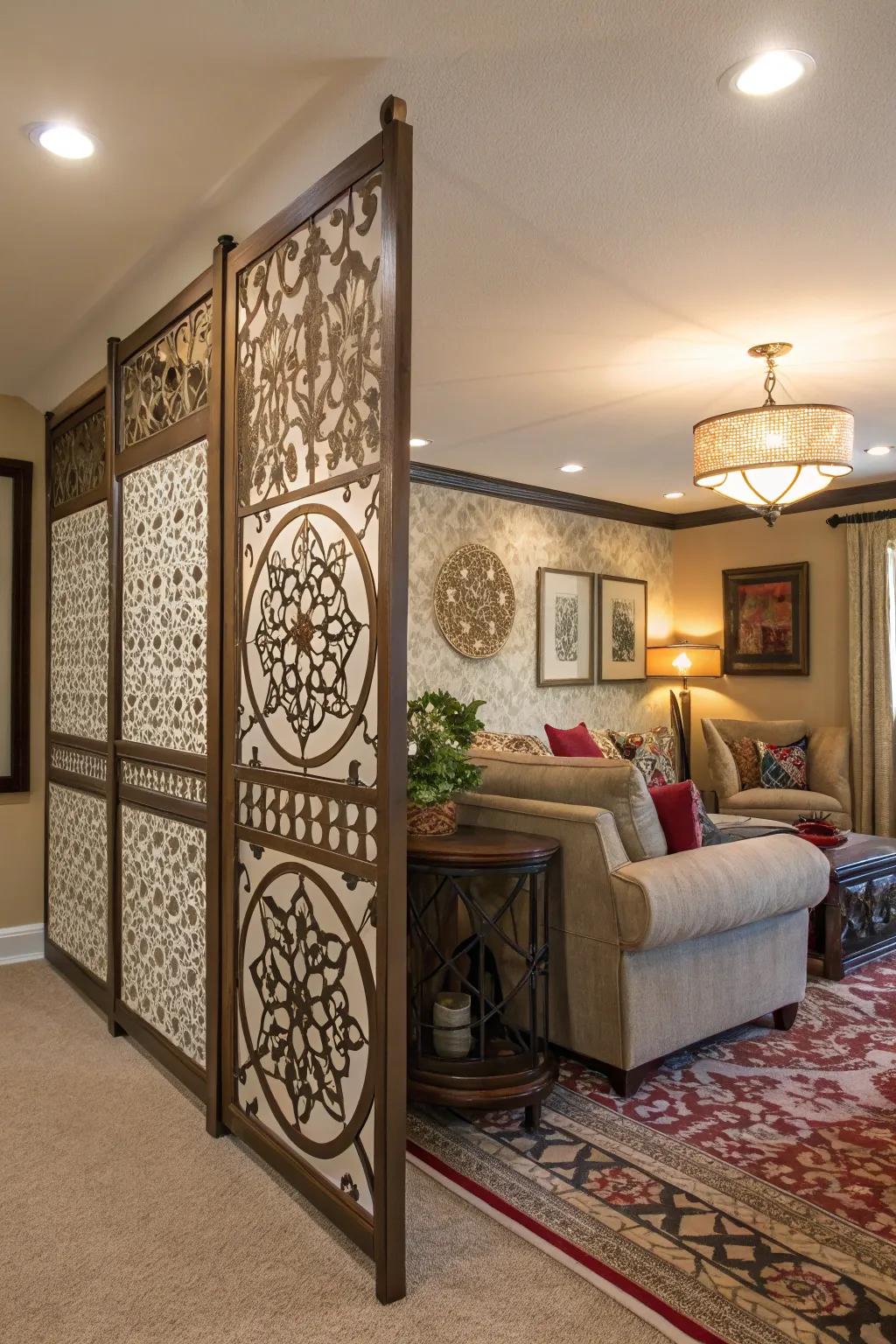A living room showcasing a partition wall with complex designs, serving as an artistic divider.