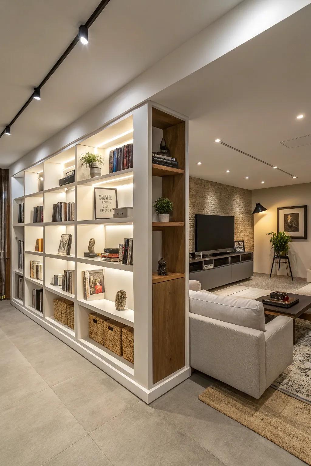 Display shelves are a practical and stylish method for dividing space.