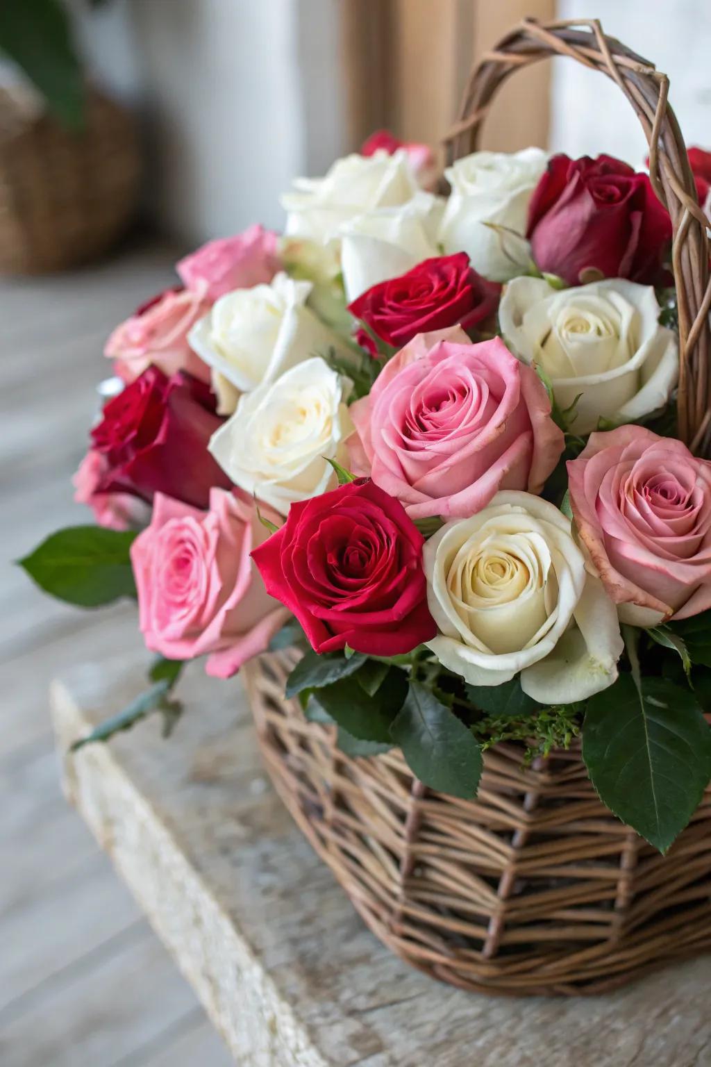 A whimsical assortment of rose pigments within an enchanting basket.