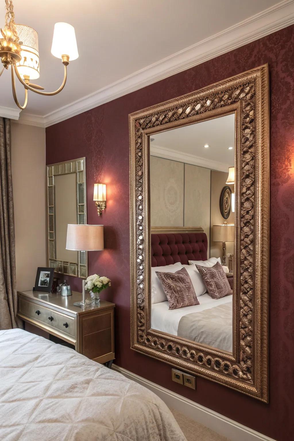 A gleaming gold trimmed mirror enriches the space's refinement and sense of spaciousness.