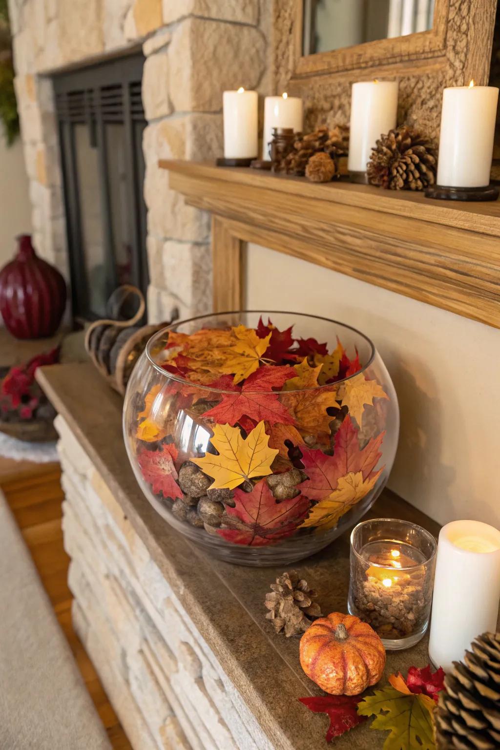Seasonal elements like autumn leaves infuse glass bowls with a celebratory spirit.