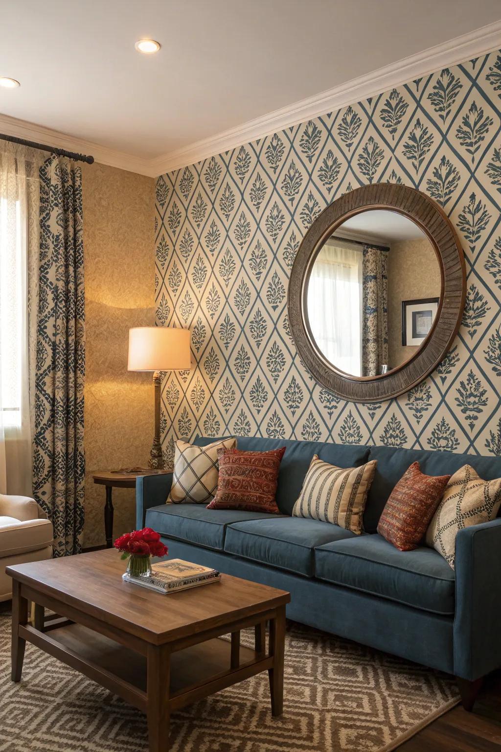 Circular reflector stabilizing striking designs within a bustling lounge.