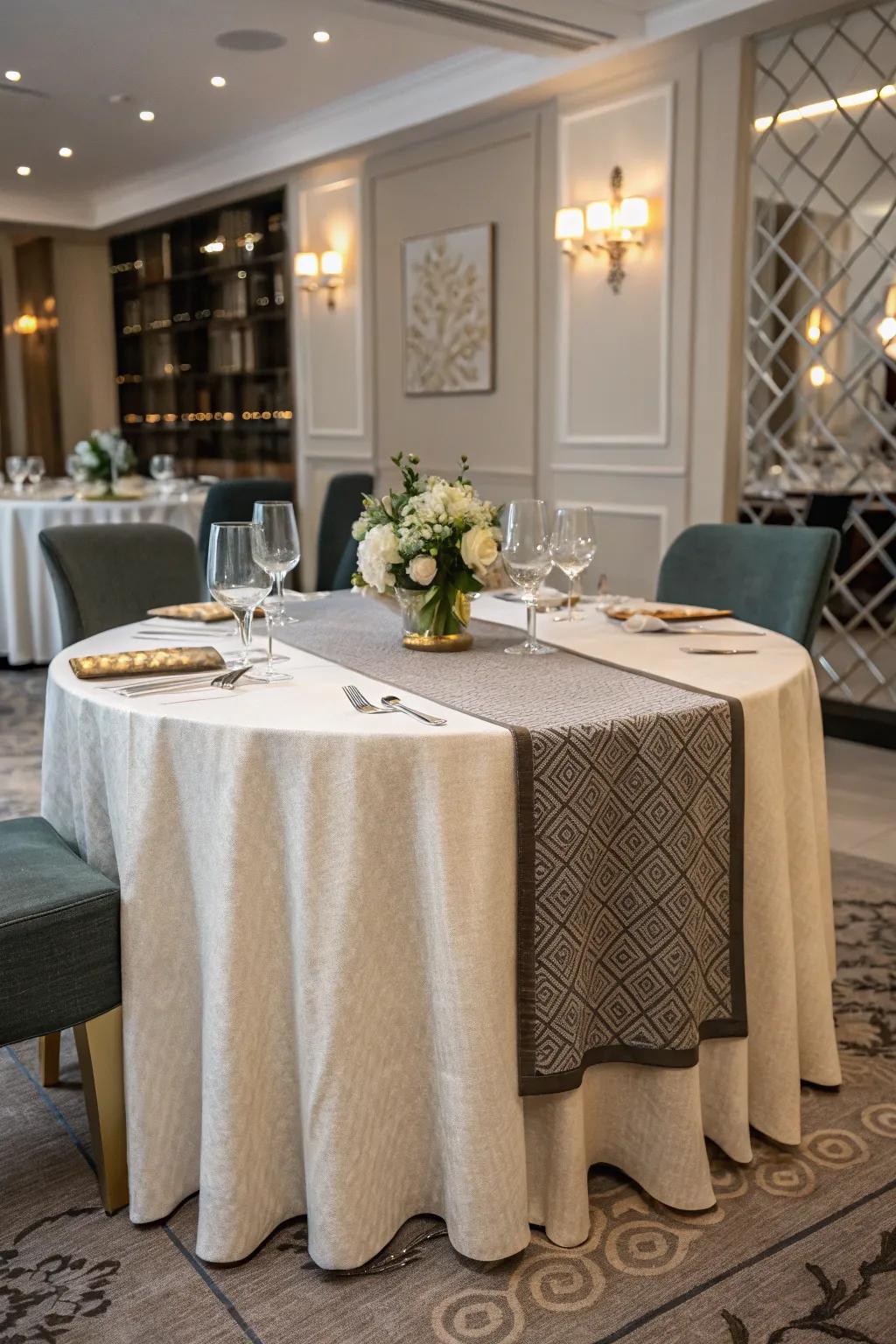 Layering woven fabrics enriches table arrangements.