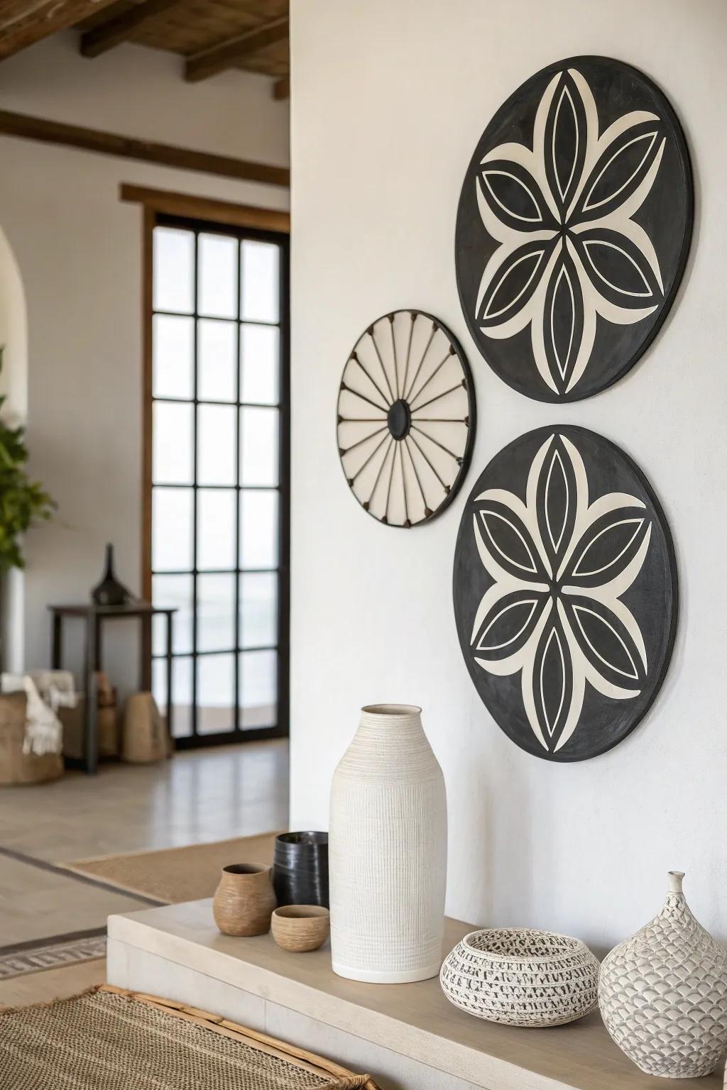 Minimalist room with black and white circular wall decor for a sleek look.
