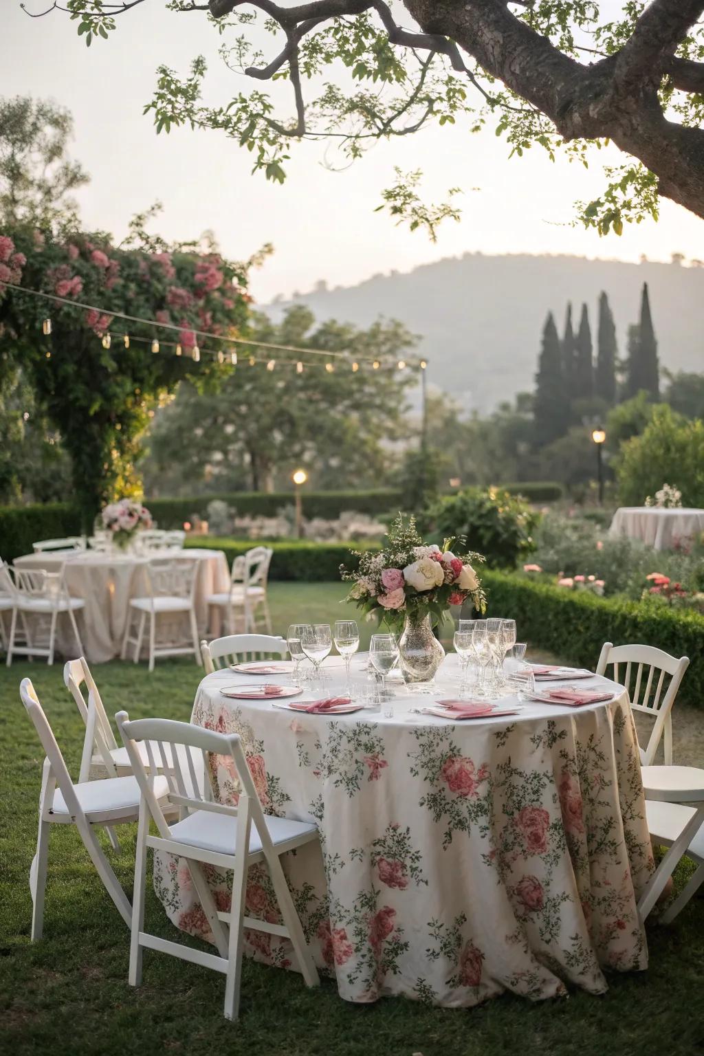 Tablecloth showcasing floral patterns, adding a playful dimension to a garden wedding.