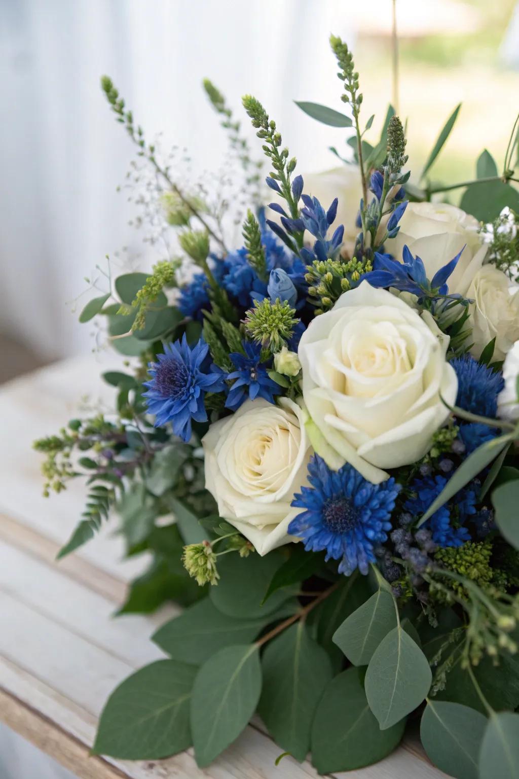 A lively floral arrangement showcasing royal blue blossoms.