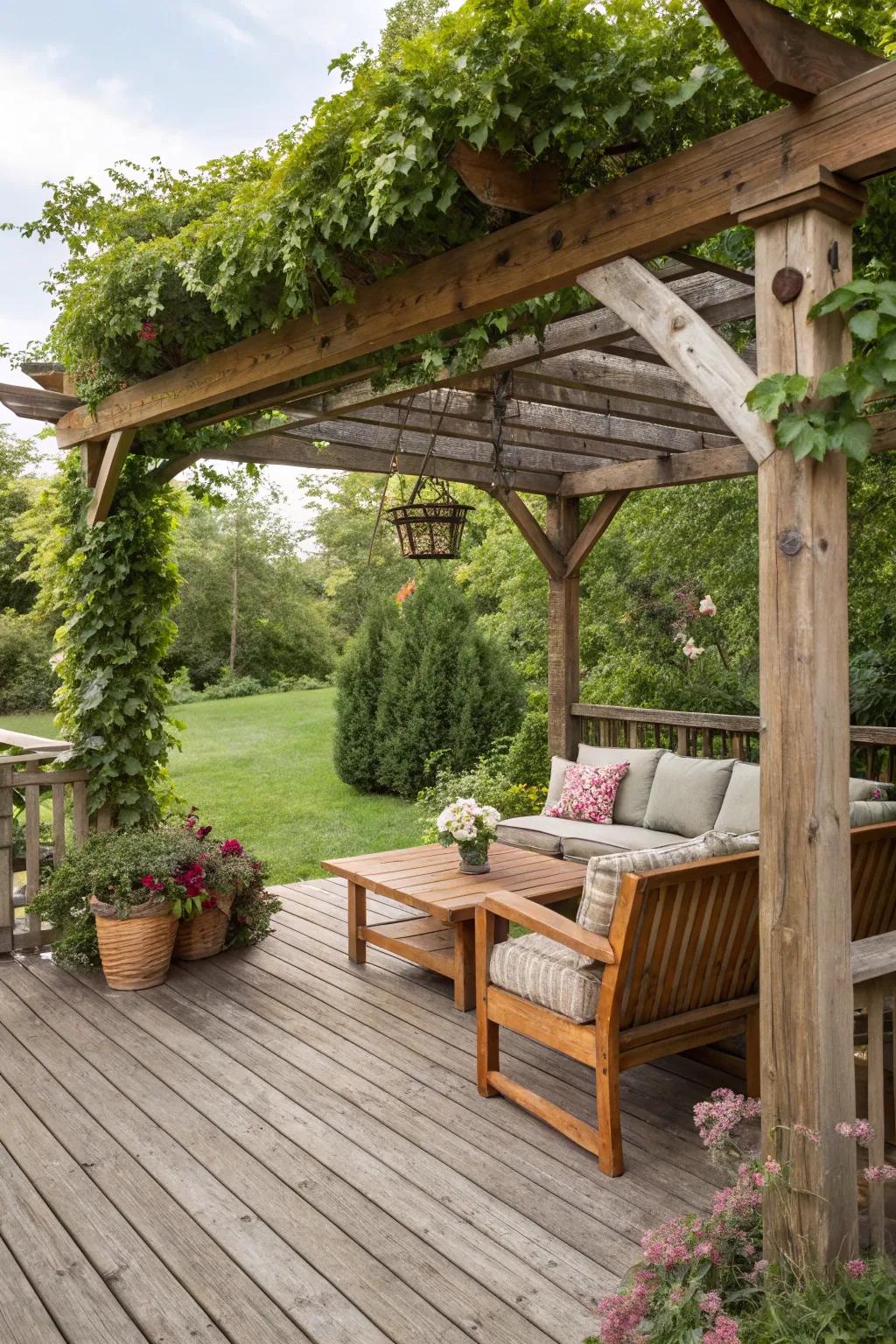 A wood trellis adds shade and flair to this outdoor area.