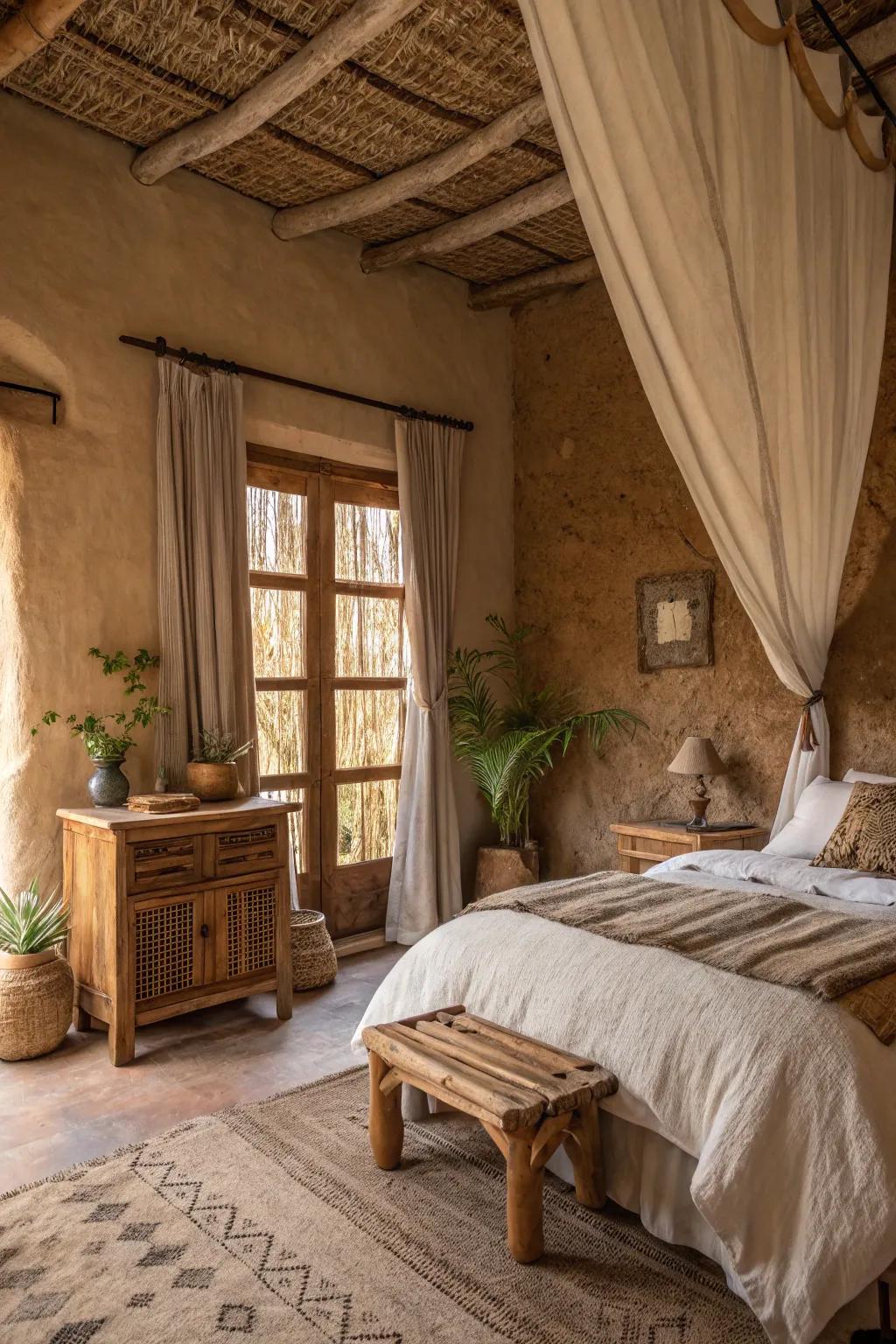 A bedroom featuring earth inspired colors and natural textiles.