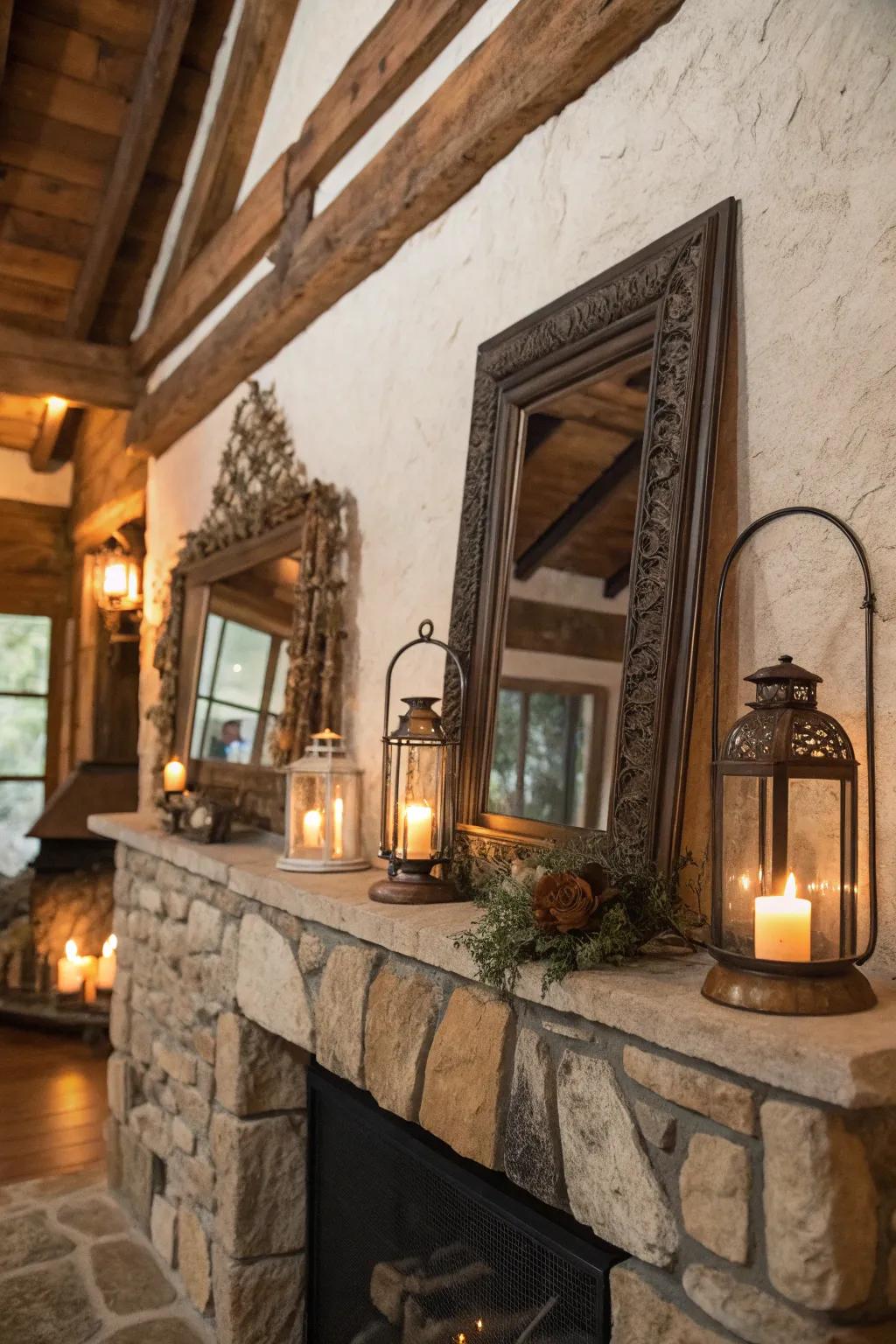 Classic embellishments infuse allure and individuality into this country-style fireplace.