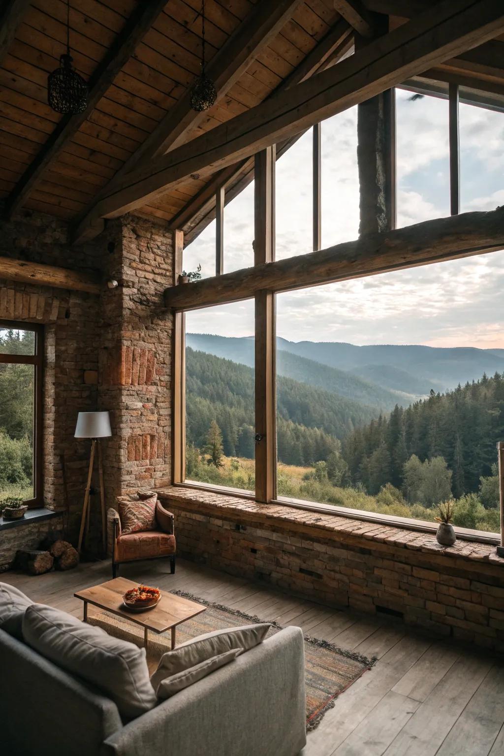 Expansive openings allowing sunshine in a rustic setting.