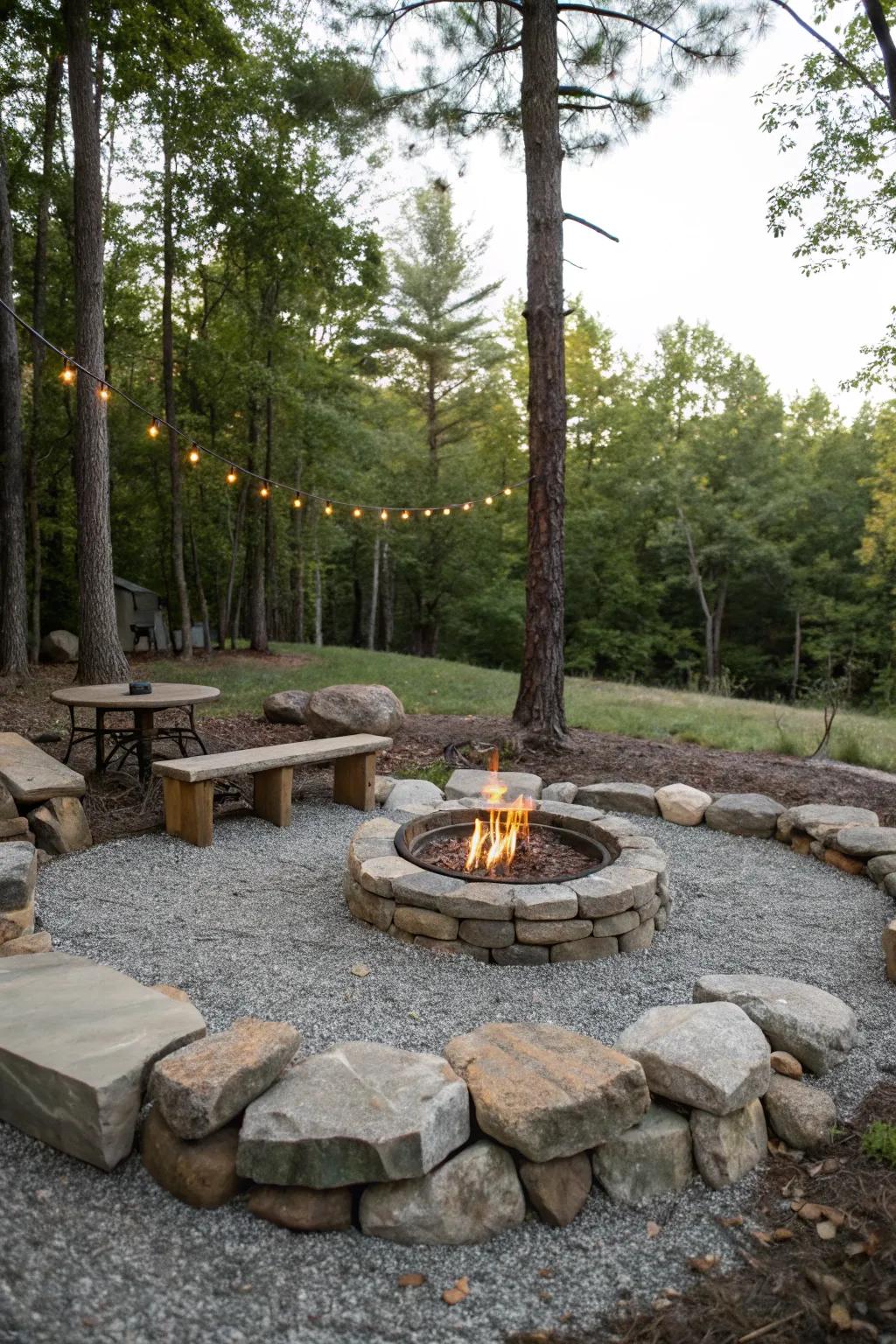 A functional and attractive rock and pebble fire pit.