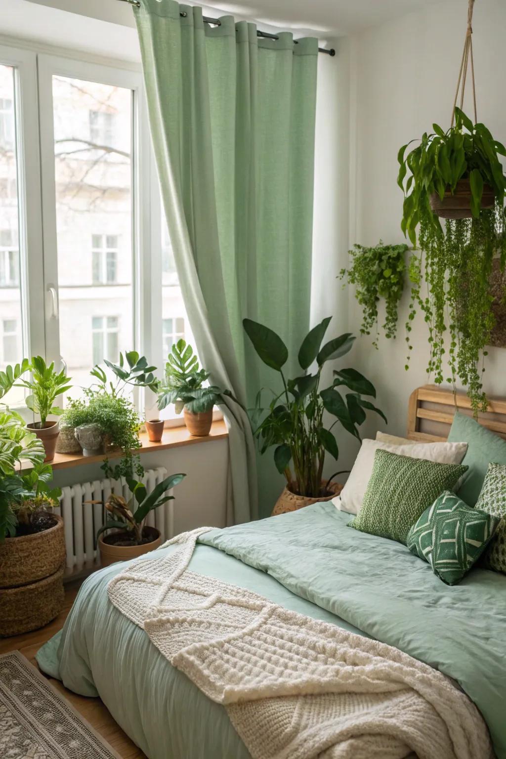 Potted greenery enriches the natural feel of a verdant shaded room.