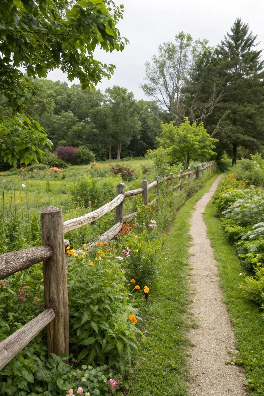 A rustic split rail fence borders a charming garden pathway.