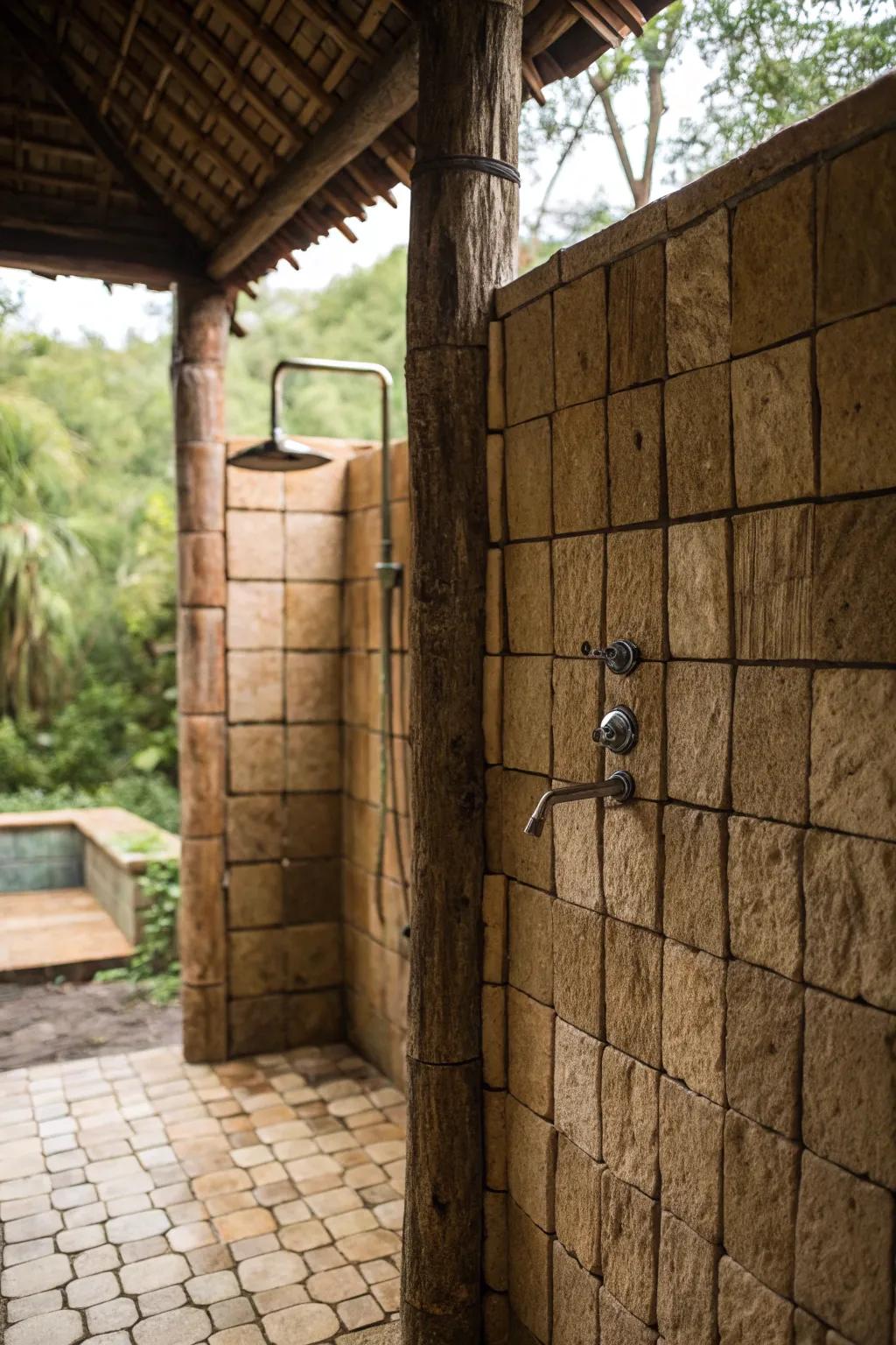 Textured tiles introduce depth and a hint of nature to this countryside-inspired shower.
