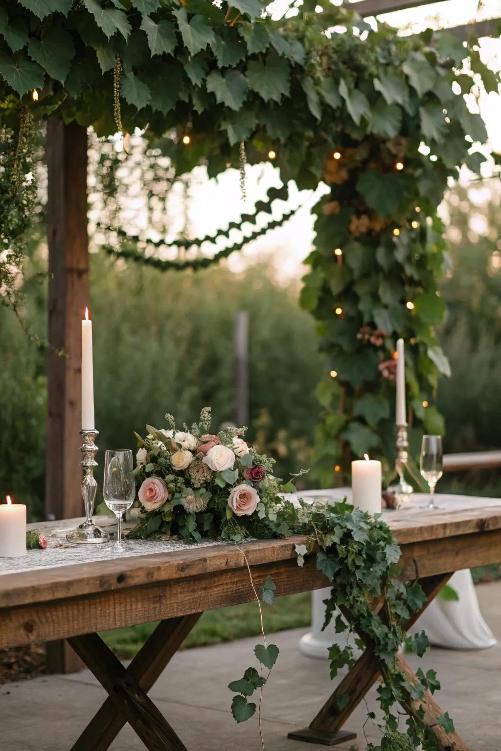 A dynamic foliage backdrop establishing the setting for a countryside wedding.