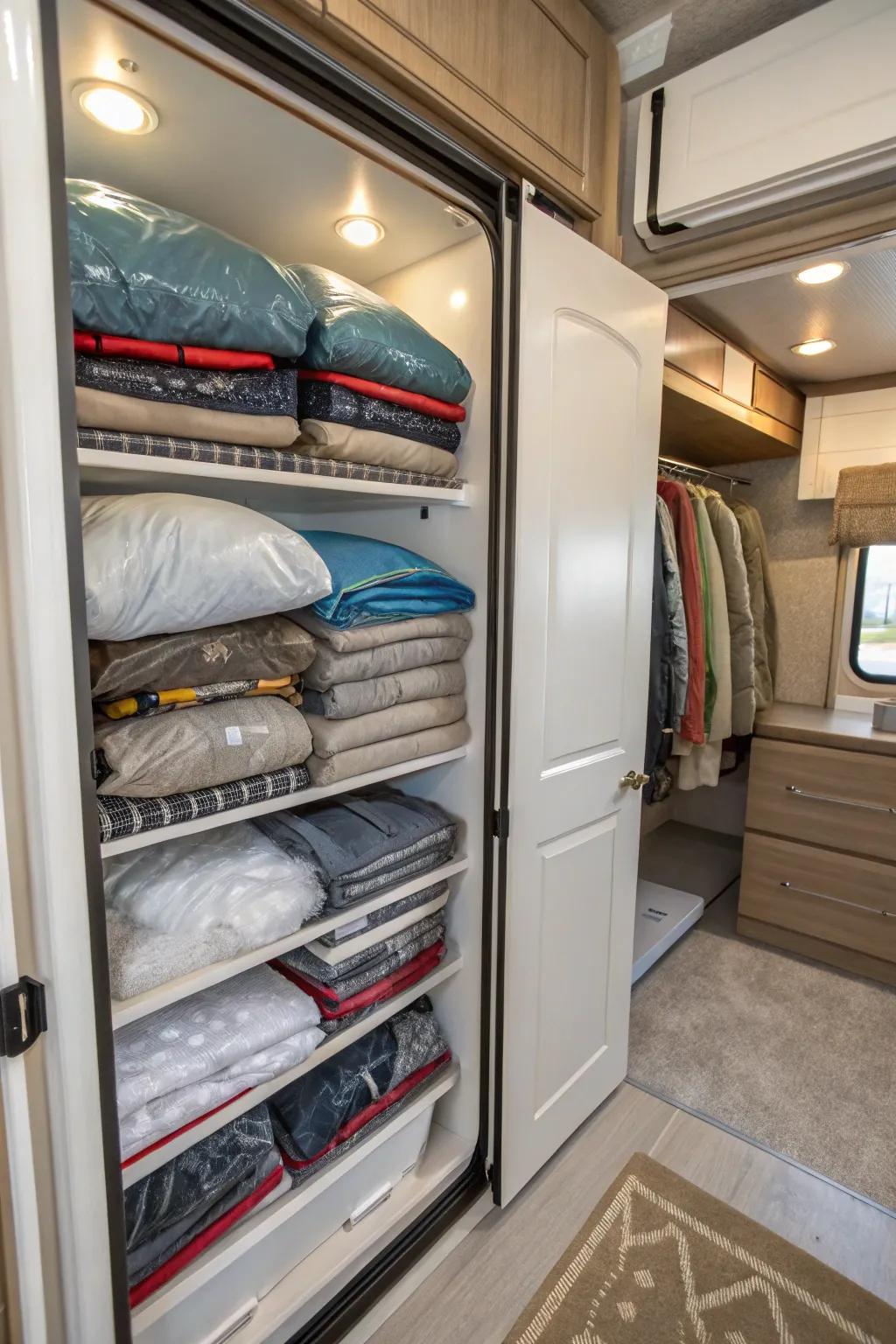 Compression bags offer space-saving storage for seasonal clothes in an RV closet.