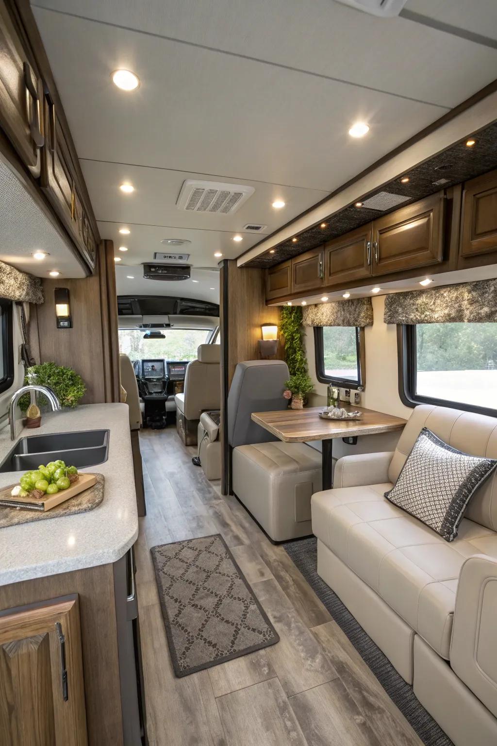 A utilitarian and elegant RV arrangement that optimizes area.