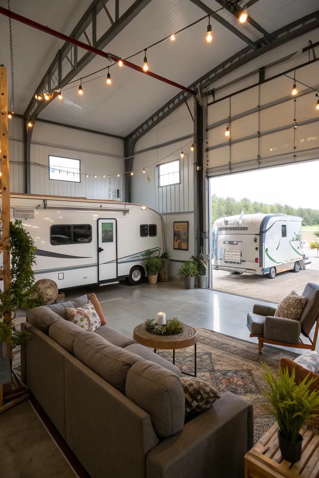 RV garage featuring a raised platform, providing a cozy getaway above the storage section.