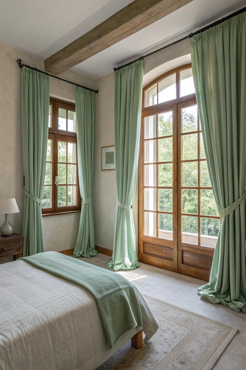 Sage green curtains frame windows beautifully, amplifying the room’s peaceful atmosphere.