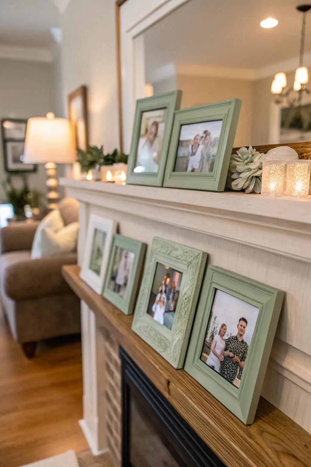Sage green frames highlight cherished memories with sophistication.