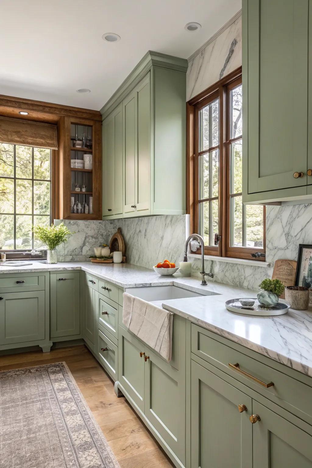 Marble worktops provide a lovely comparison to verdant cabinets.