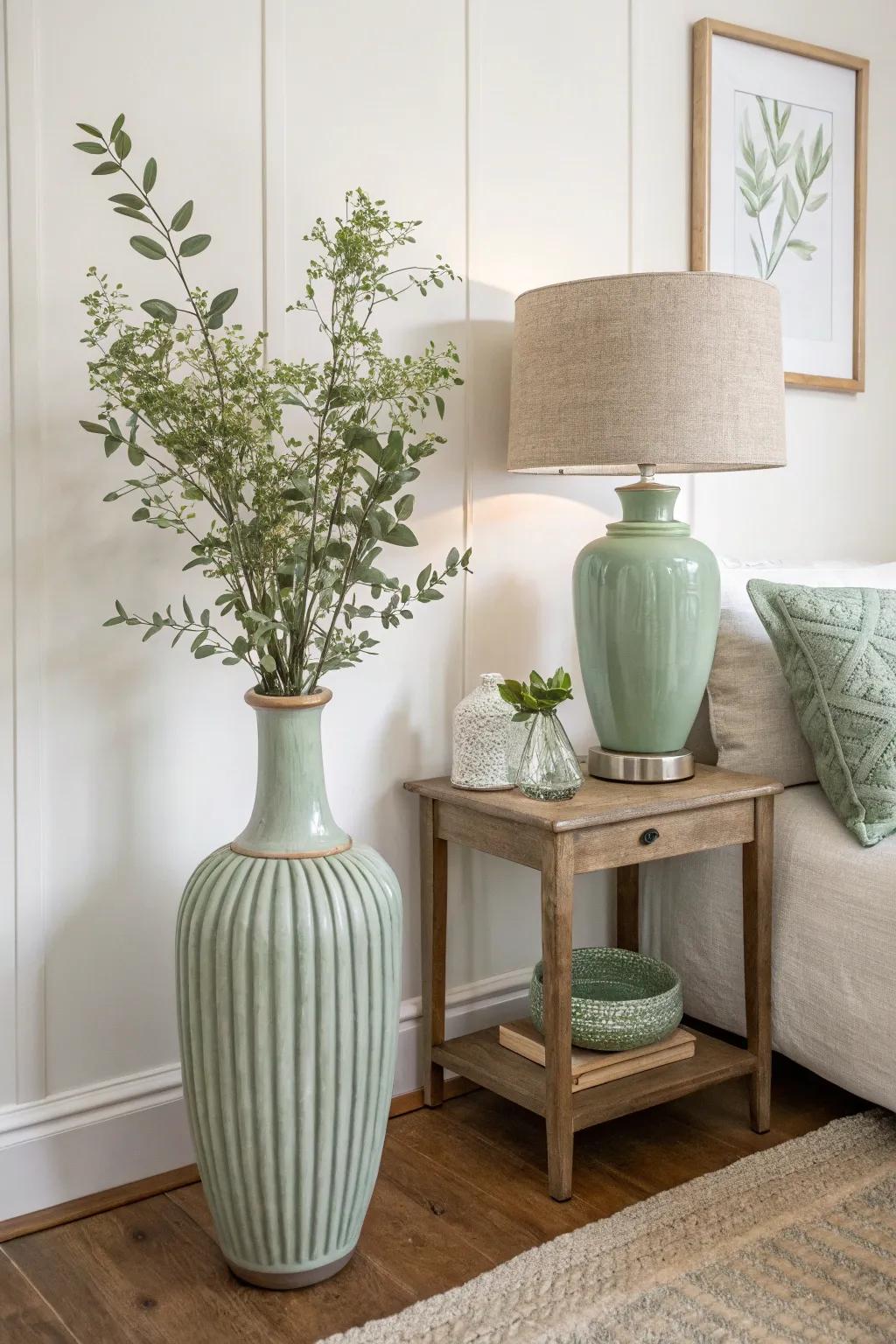 A minimalist area featuring carefully selected sage green highlights.