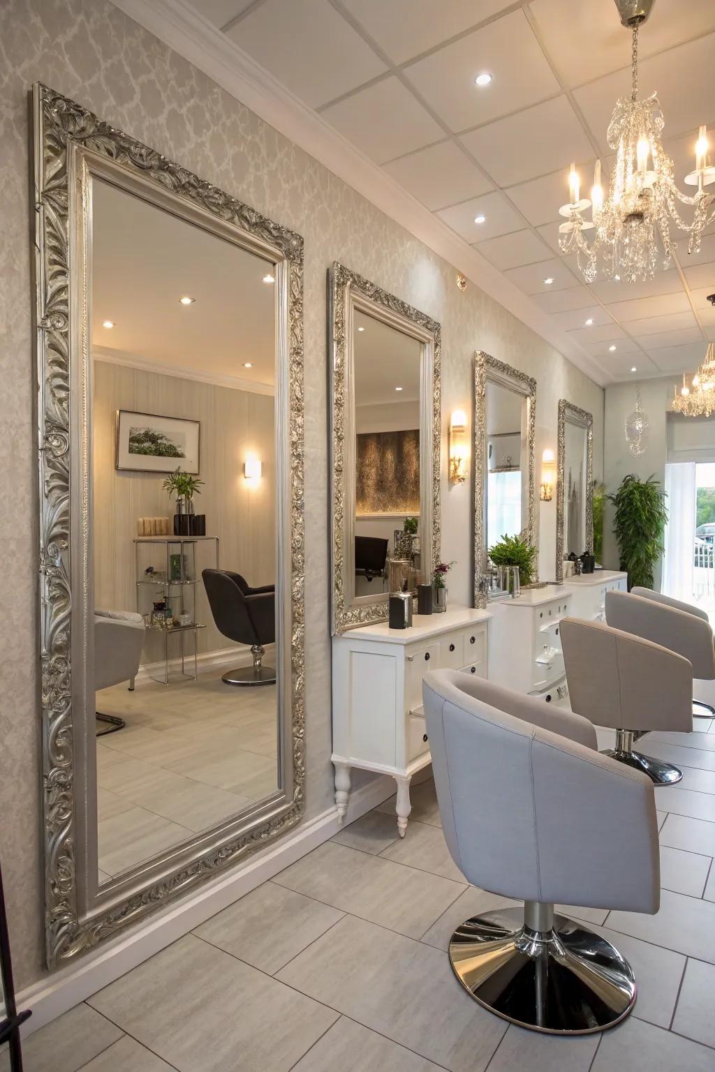 Full-length mirrors raising the salon's atmosphere.