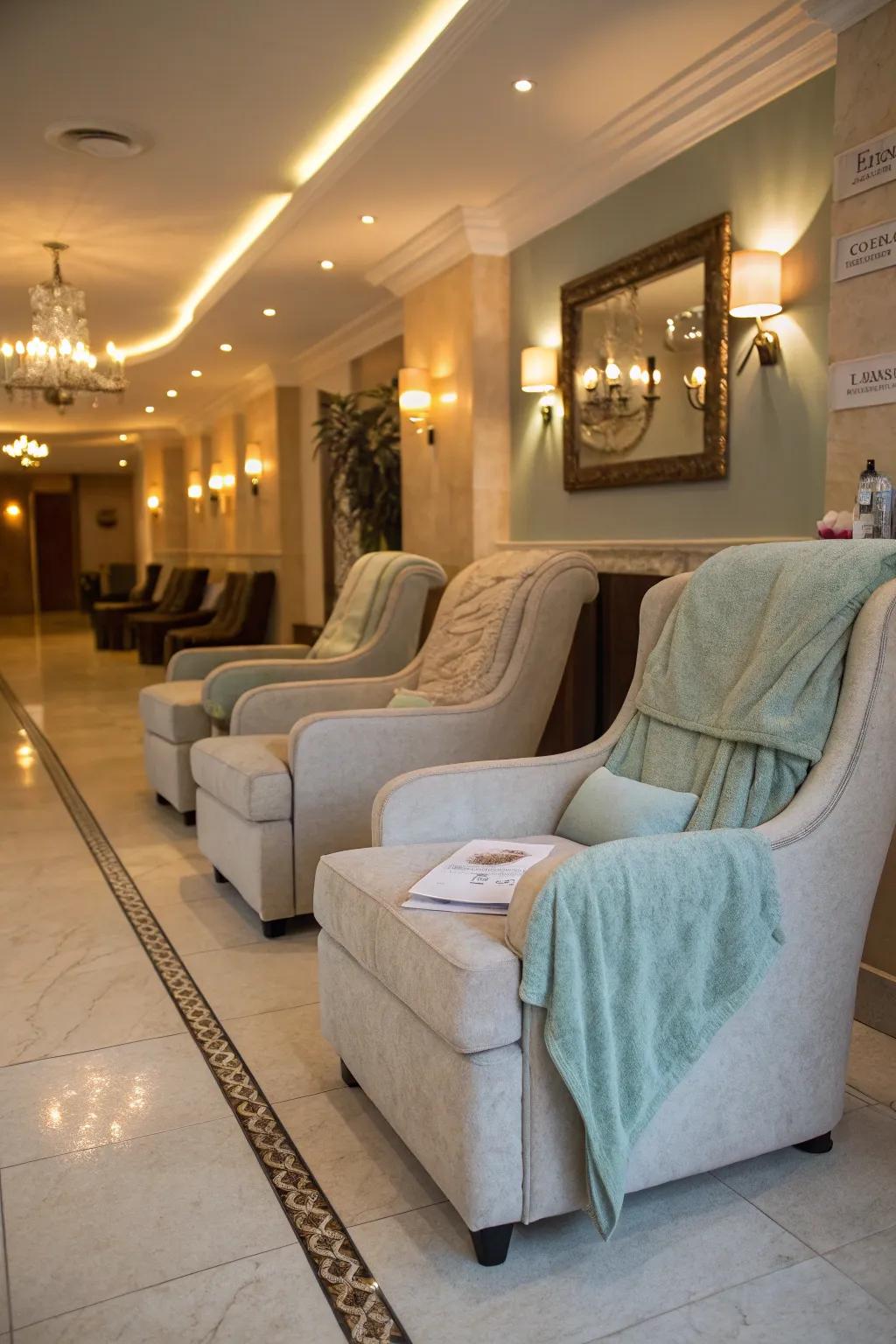 A salon reception space featuring tempting plush lounge seating designed for client comfort.