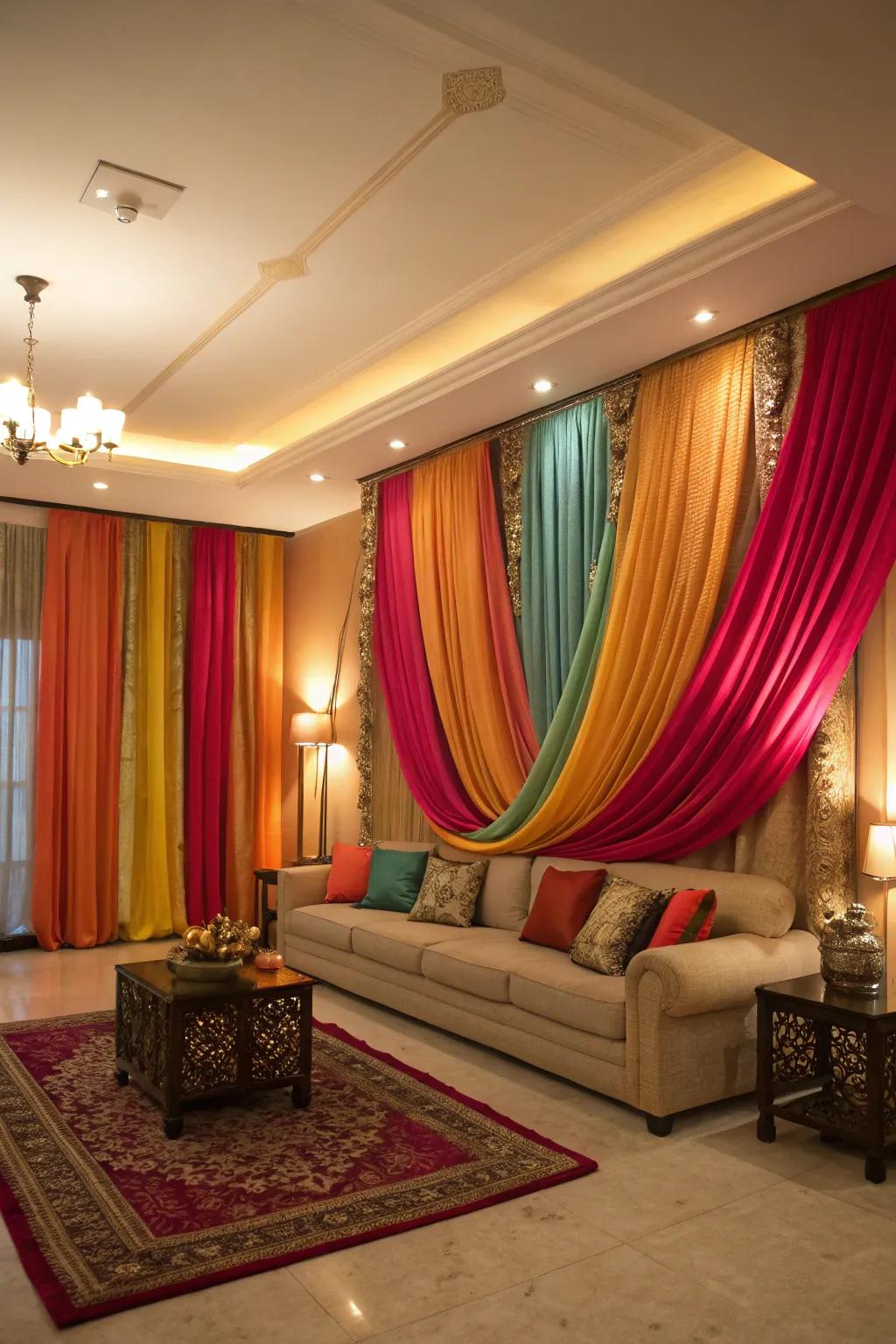 Vivid drapery instantly fashions a celebratory environment.