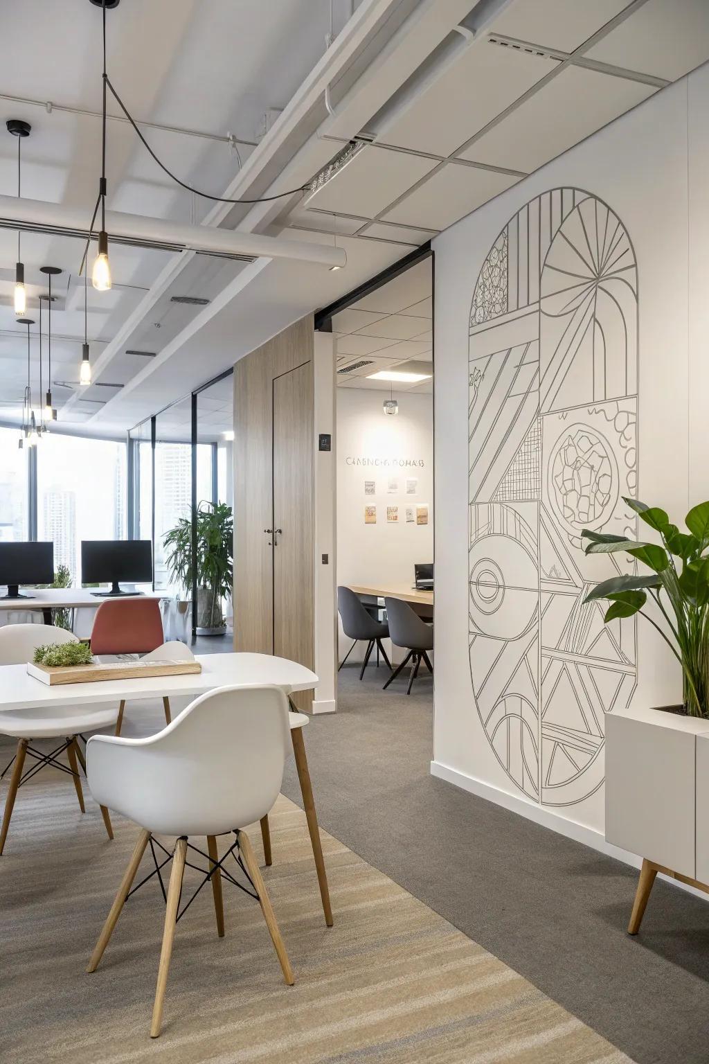 An office space adorned with abstract line art on the wall and minimalist decor
