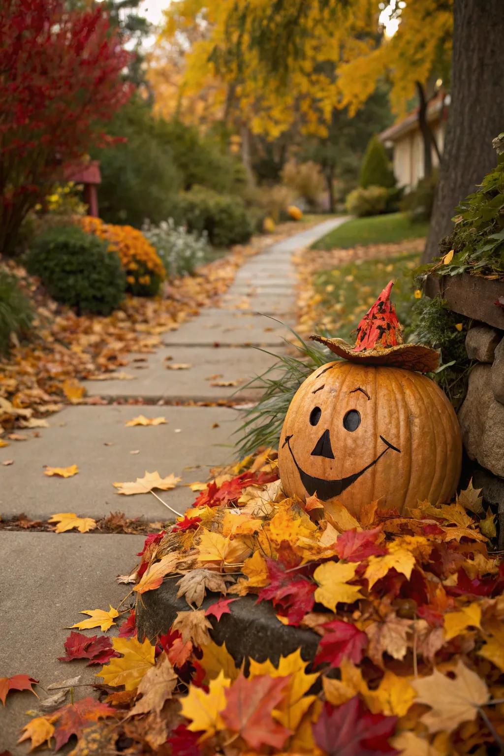 Vibrant foliage accentuates this scarecrow pumpkin.