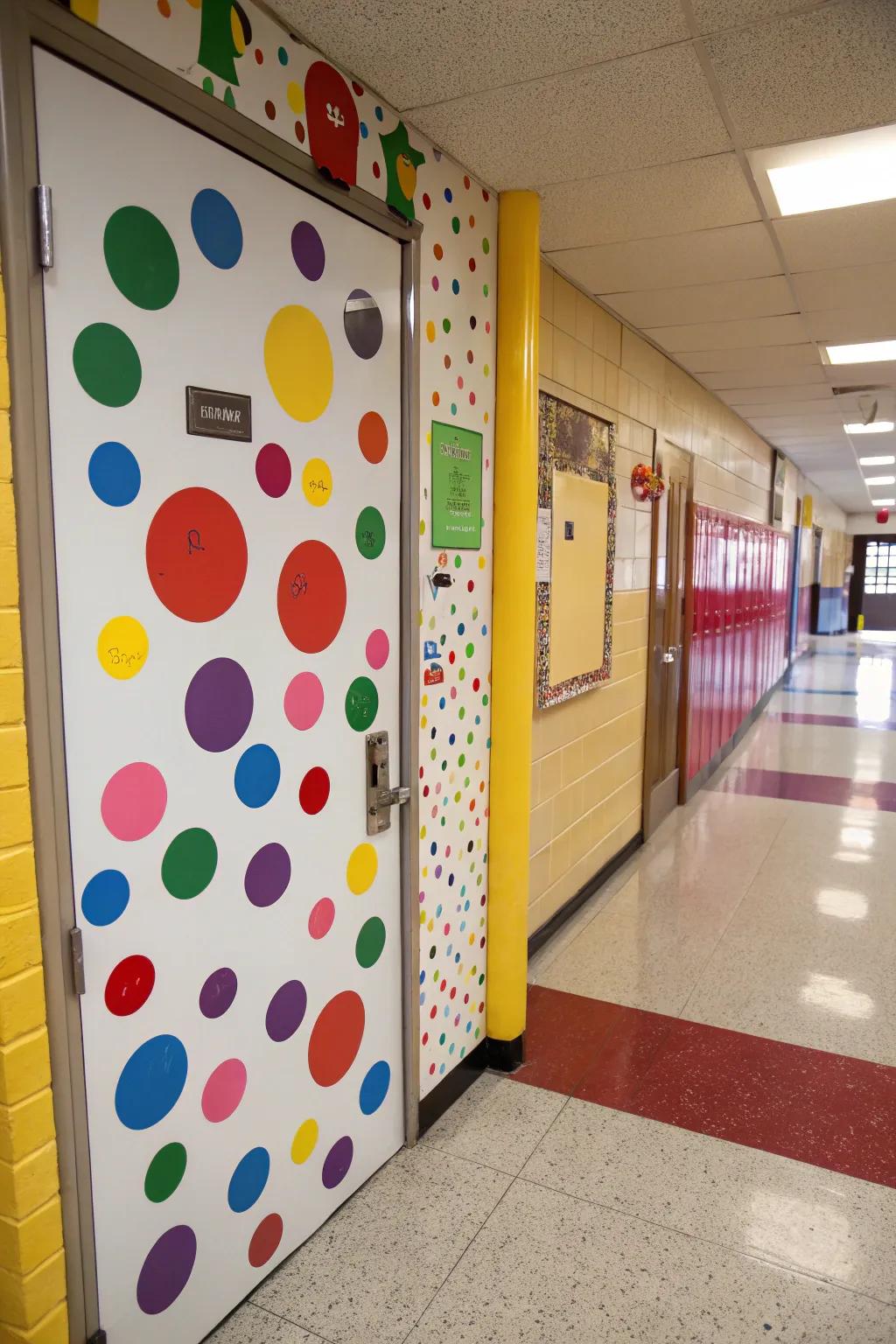 A whimsical circular pattern design adorning an educational entrance.