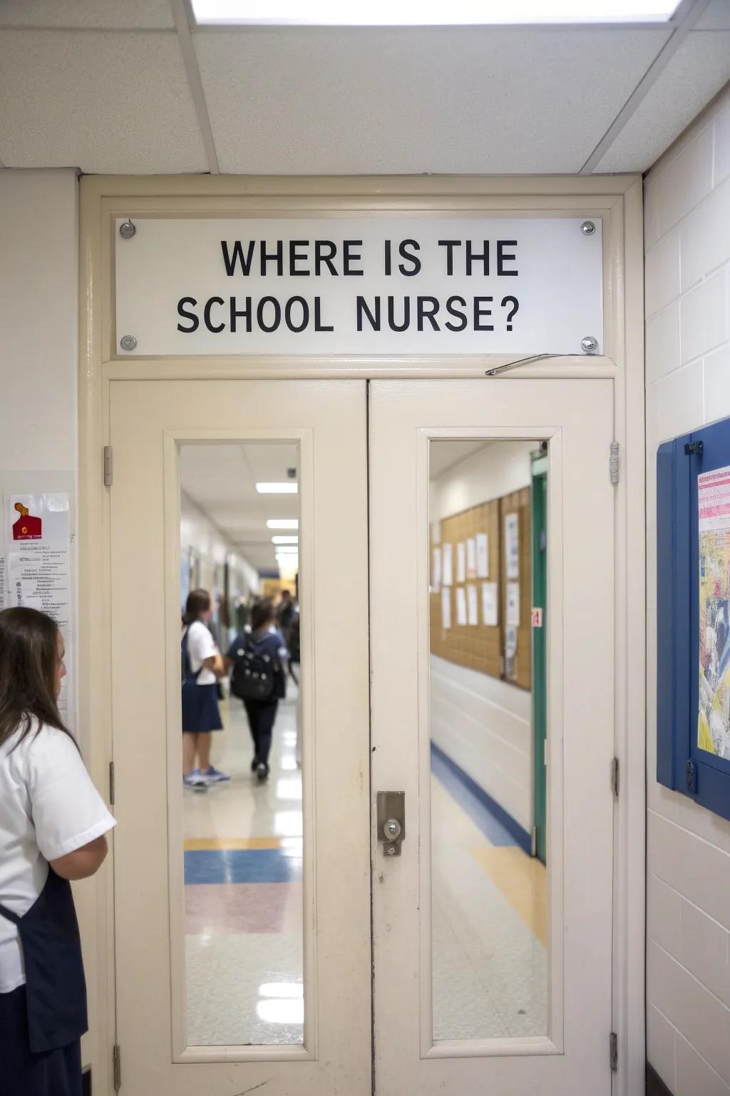 A practical 'Where is the School Nurse?' sign positioned on the office entrance.