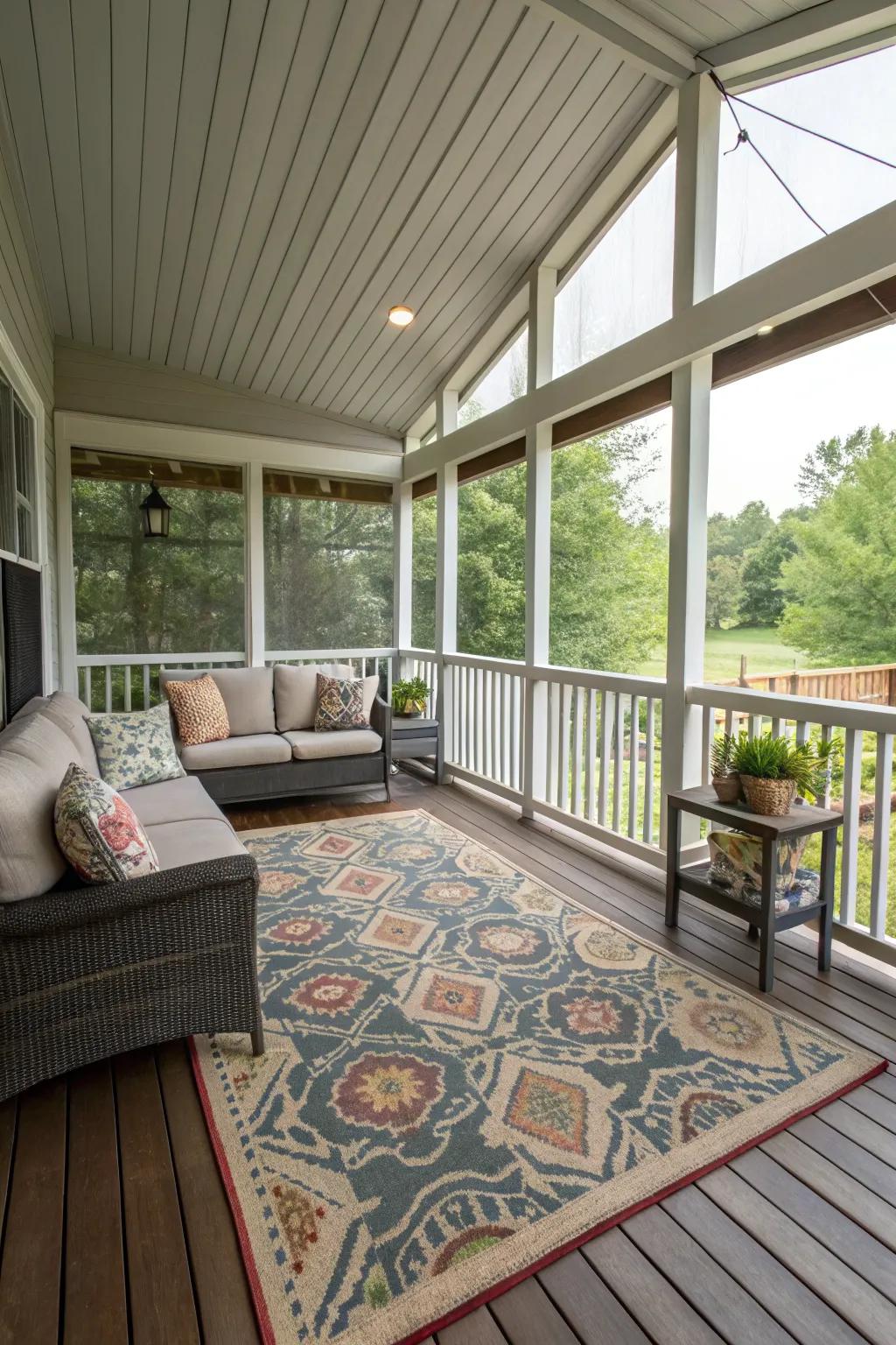An area rug defines and warms up the veranda.