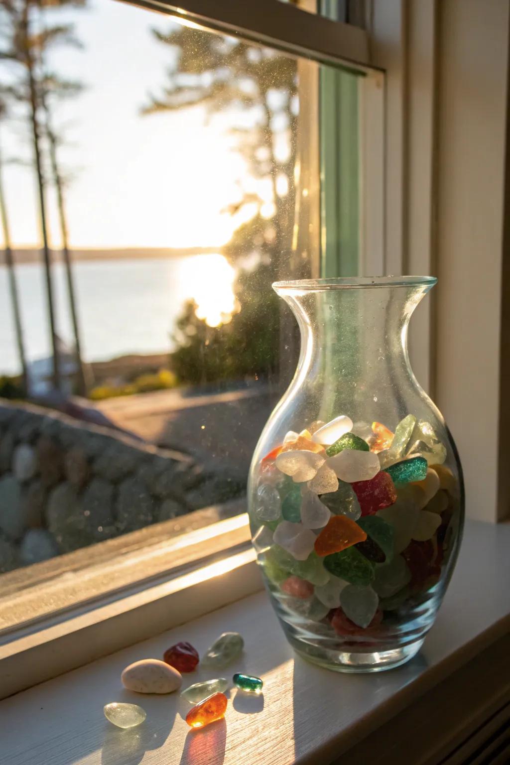 Sea glass-enhanced vases bring coastal charm to any setting.