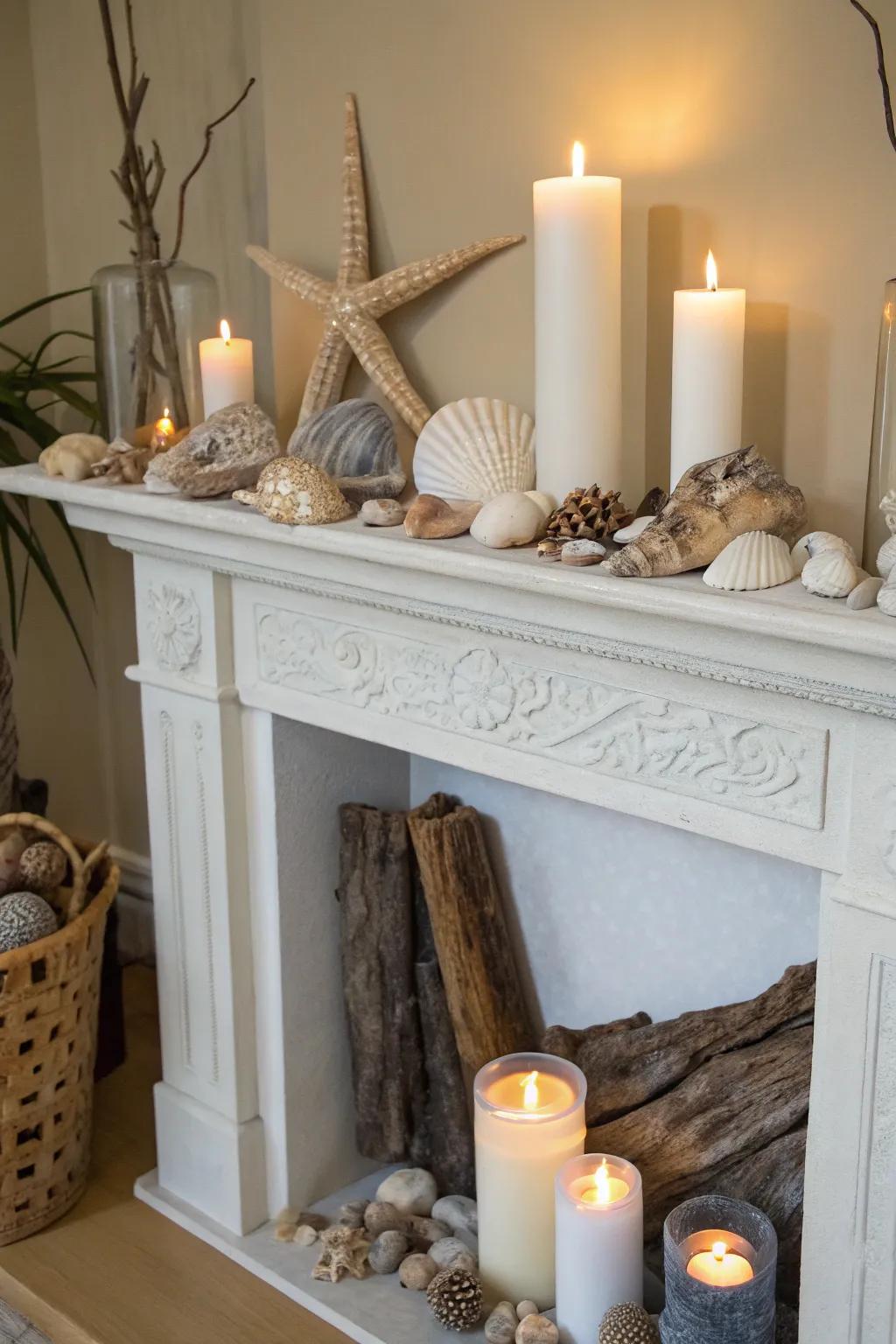 Seashells impart a note of seaside charm to a tastefully designed mantel.