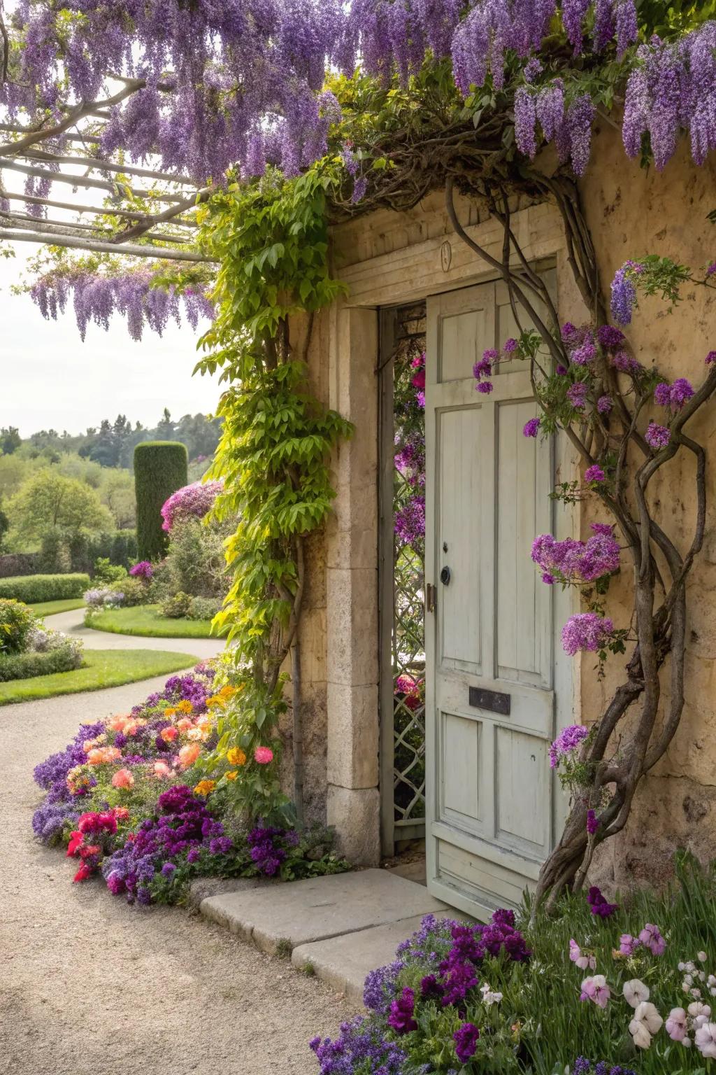 A floral paradise awaits just beyond this vibrant garden door.