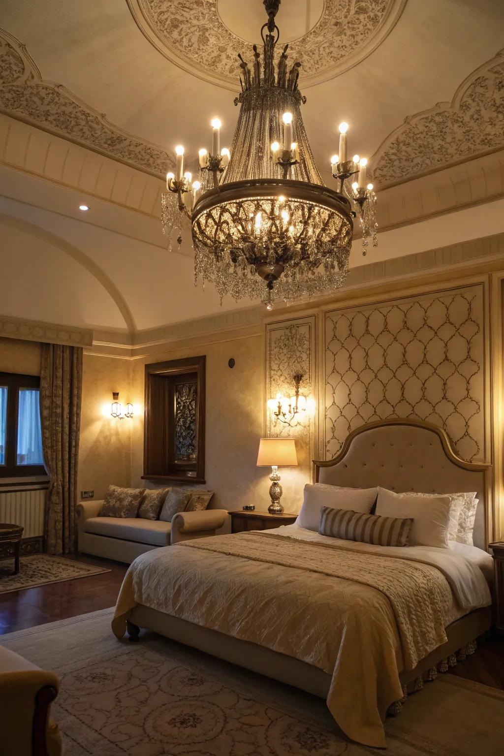 Subtle lighting transforms the bedroom's atmosphere.