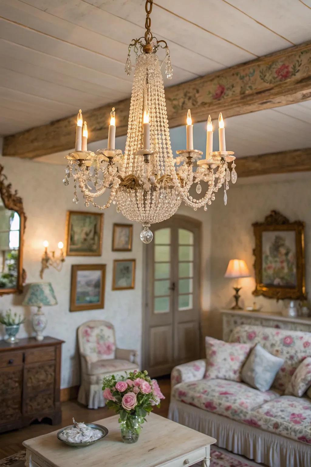 The rustic décor is complemented by the elegant touch of a chandelier.