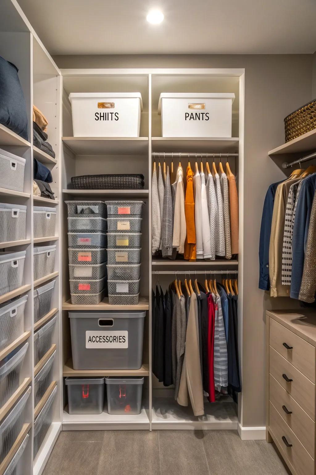 A closet presenting unambiguously labeled divisions and receptacles for structured storage.