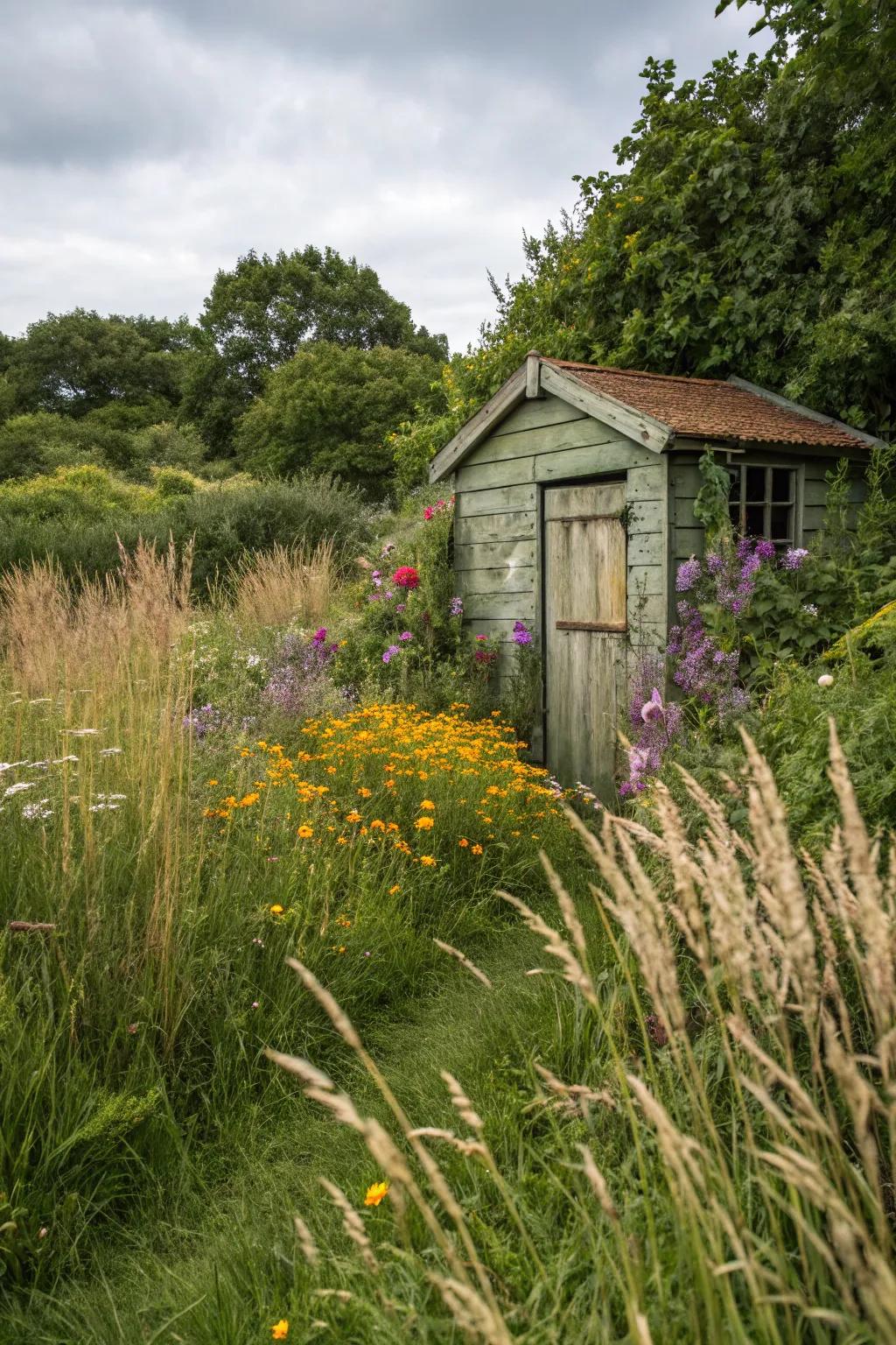 An outbuilding harmoniously veiled within nature's embrace.