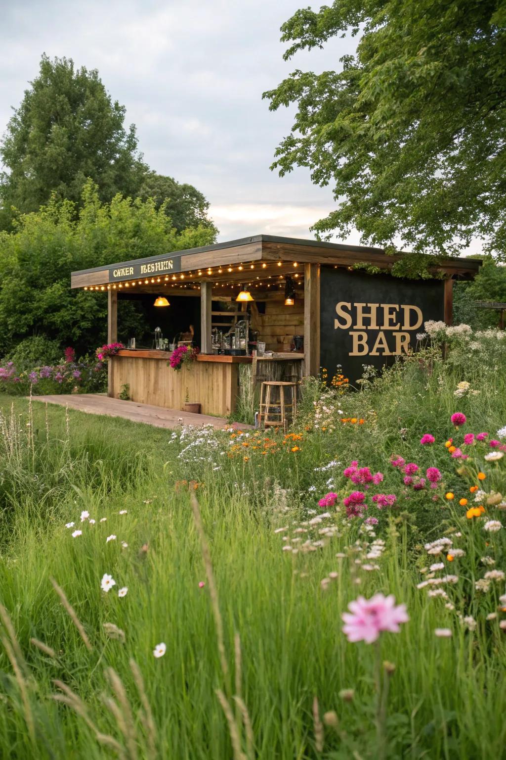 Transform your shed bar into a verdant oasis using lush plants.