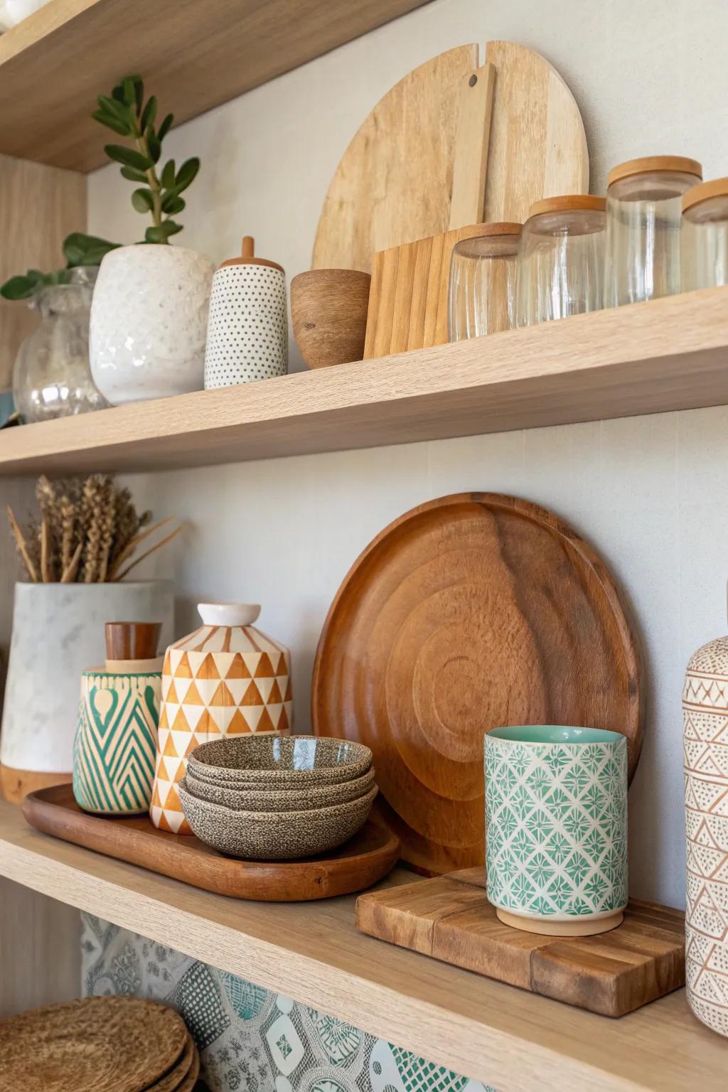 A fusion of timber, crystal, and ceramic items enriches the shelf with texture.