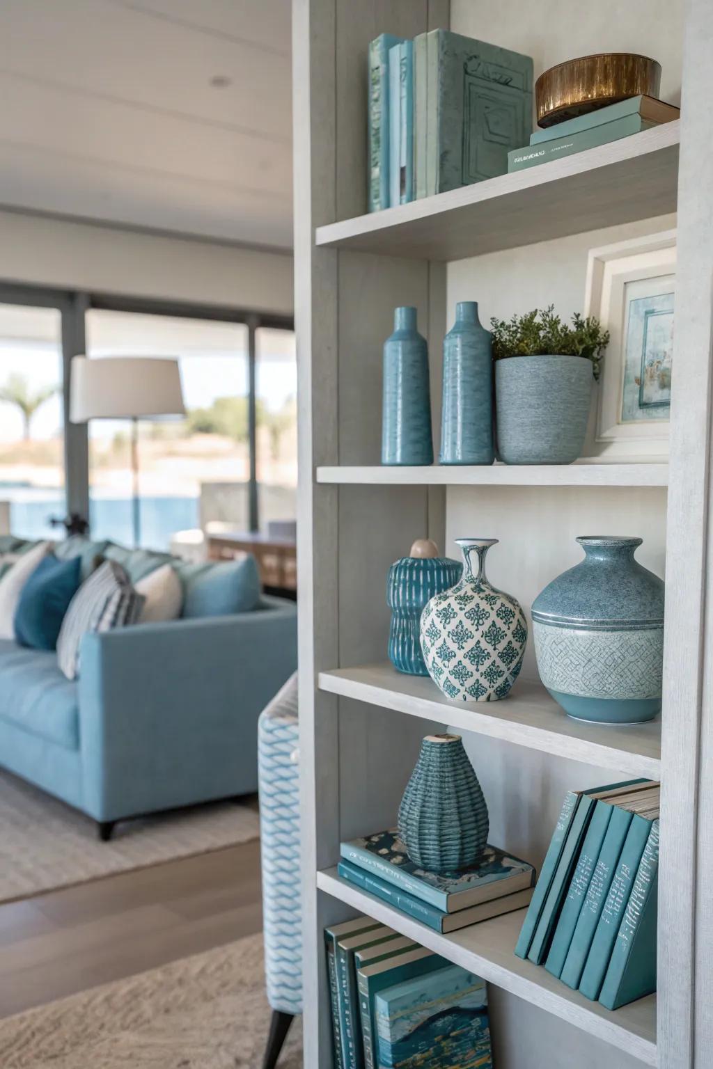 A unified color story of blues and grays for a serene shelf display.