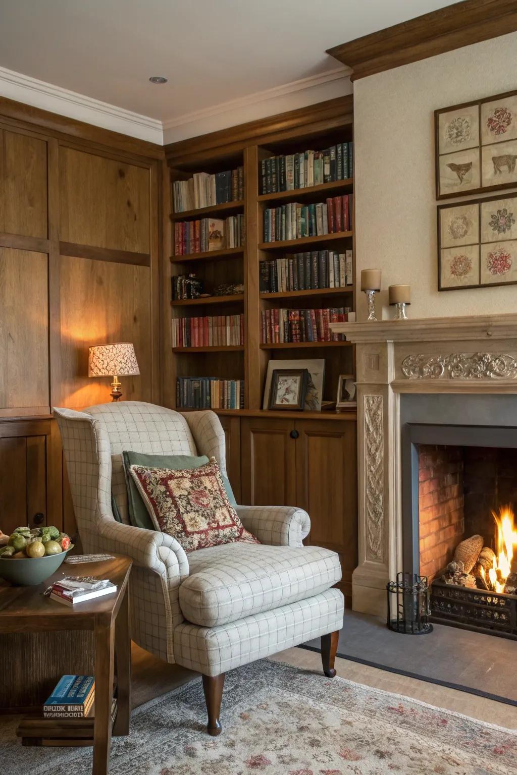 An inviting reading corner by the fireplace encourages relaxation.