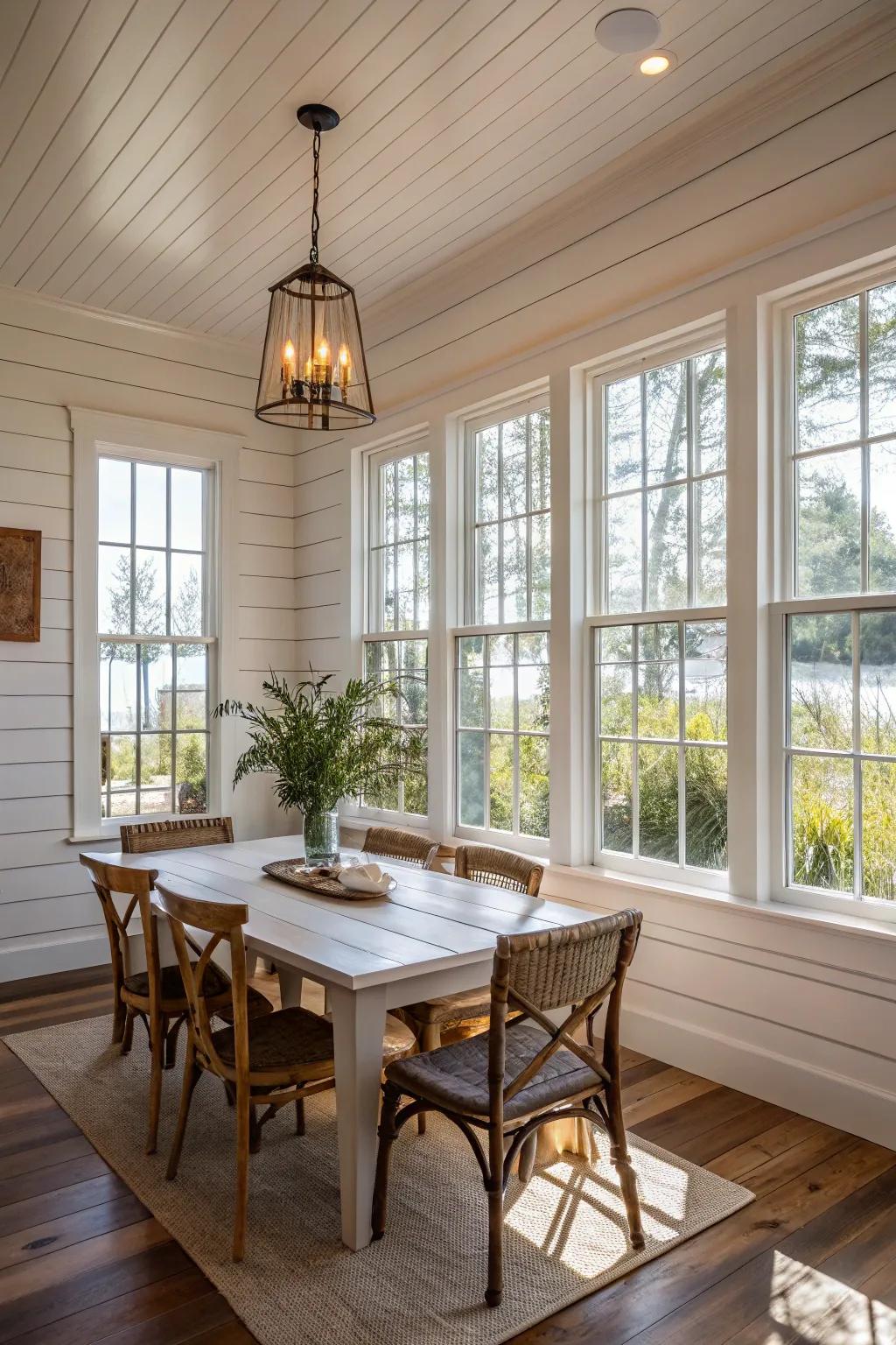 A bright dining area with abundant natural illumination and shiplap walls.