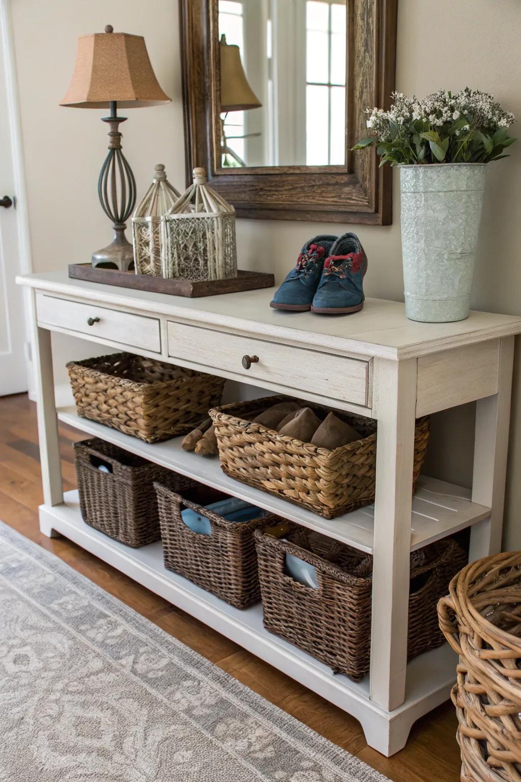 Entryway tables with baskets tucked underneath seamlessly merge storage with decor.
