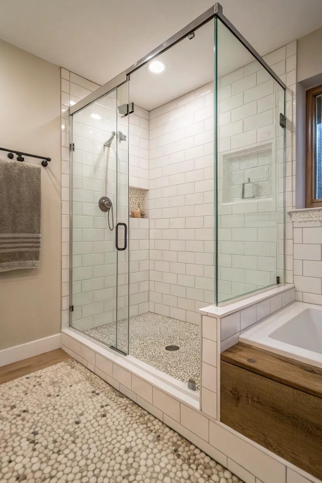 Glass enclosures paired with well-designed curbs create a spacious and modern feel.
