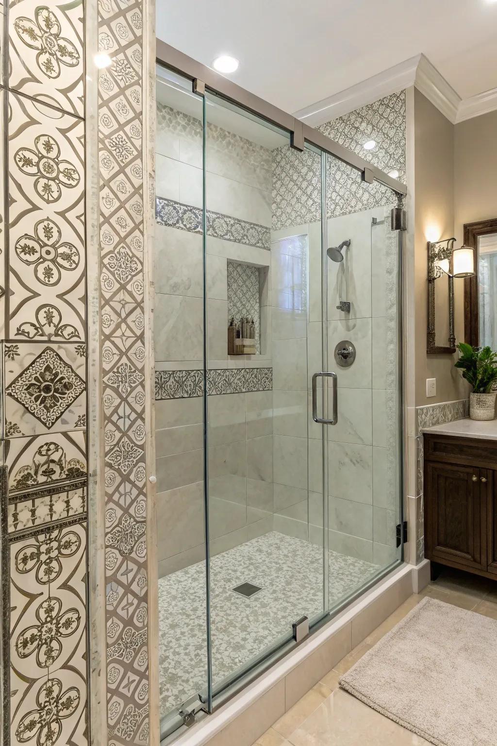 A shower featuring frameless glass entries and elaborate tile patterns.